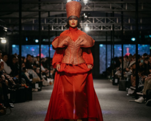 pacific-fusion-fashion-show model in a red dress